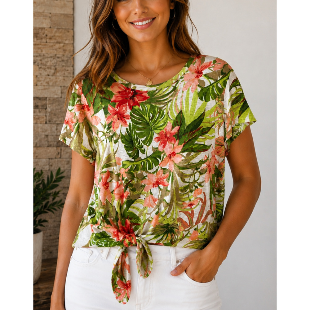 J Jill Love Linen PM Tropical Floral Tie Front Linen Top Shirt Summer Resort Sun